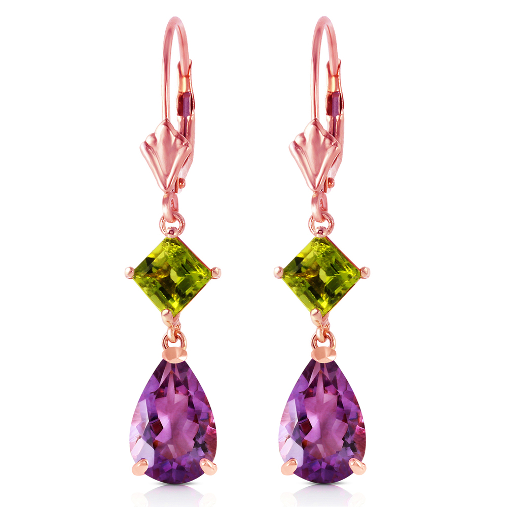 14K. GOLD LEVERBACK EARRING WITH AMETHYSTS & PERIDOTS (Rose Gold) - Picture 1 of 3